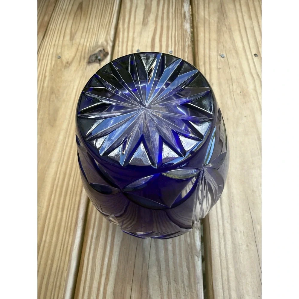 Vintage Kobalt Blue Cut to Clear Crystal Lead Vase 8